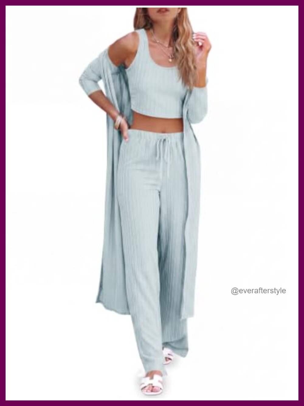 Womens 3 Piece Ribbed Knit Lounge Set Crop Tank Wide Leg Pants Cardigan